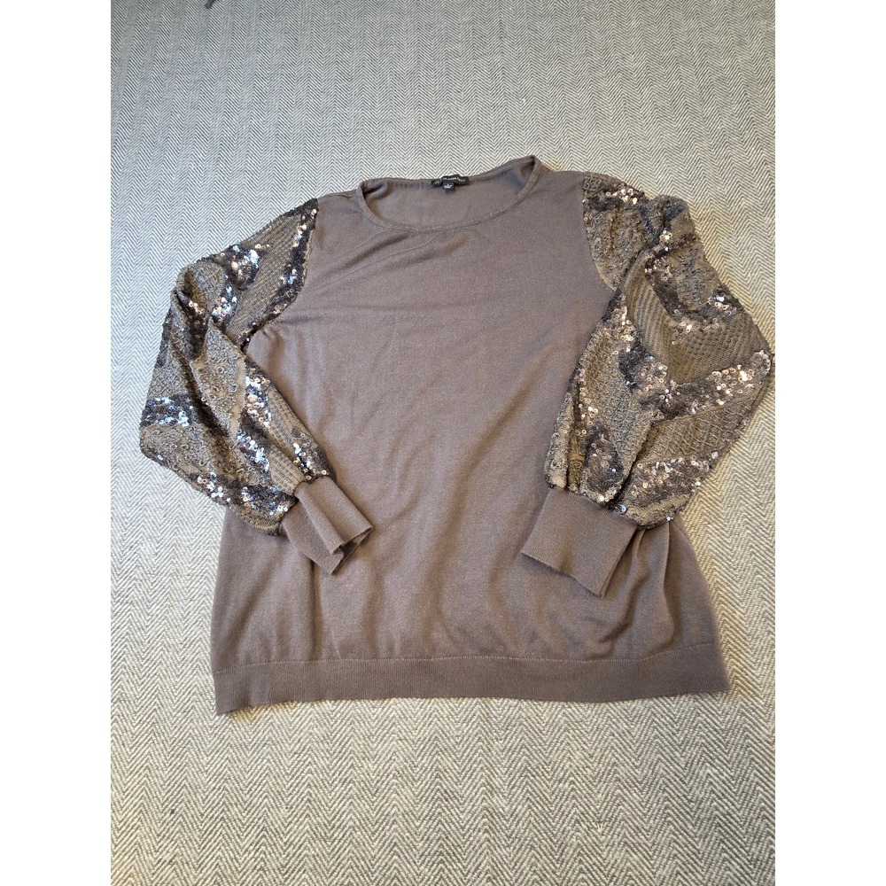 Adrianna Papell Sweater Women's L Gray Tight Knit Sequin Raglan Sleeve Pullover